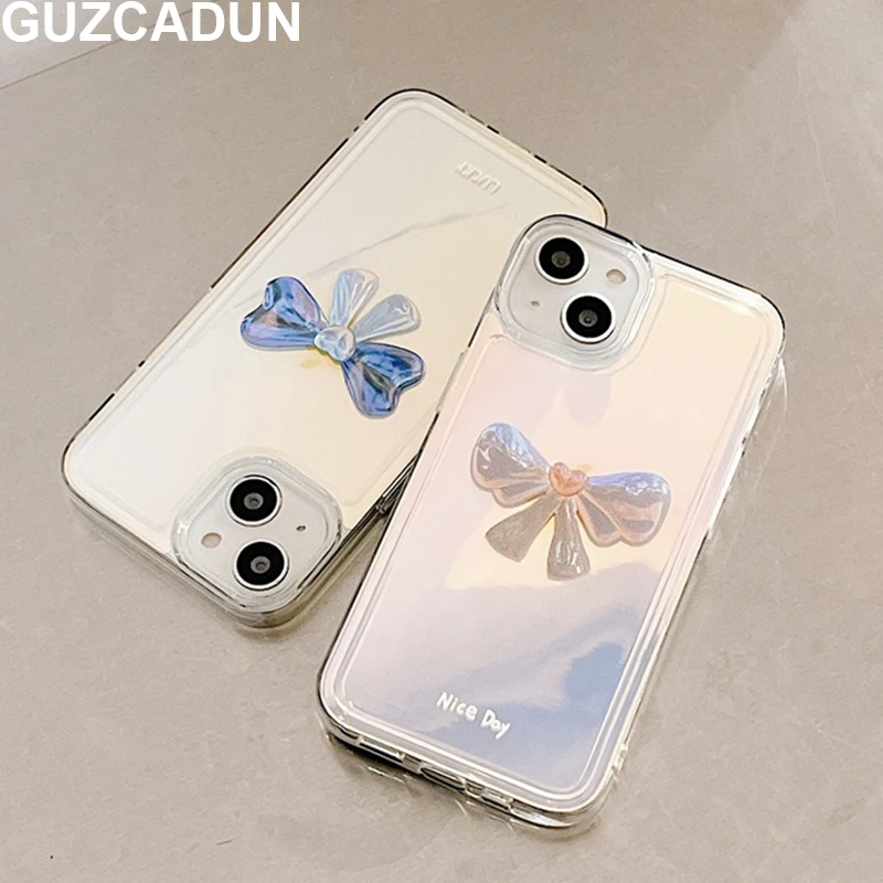 Милый женский чехол для телефона с бантом для Iphone 11 12 13 Pro Max XS X XR, мягкие прозрачные силиконовые ударопрочные чехлы из ТПУ, блестящий бумажный чехол