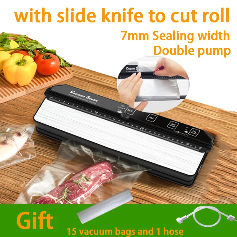 

Kitchen Packing Vacuum Sealer 2 Pumps Strong Sealing Plastic Sealer 7mm Sealing Width Washable Vacuum Machine with Slide Knife