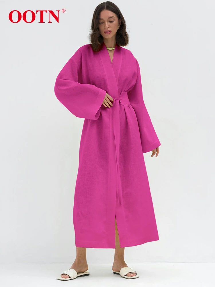 

OOTN Elegant Green V Neck Long Wrap Dress Sexy 100% Cotton High Waist Split Dress Women Autumn Lace Up A-Line Dresses 2023 Pink