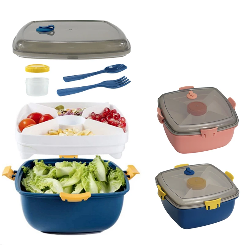 

Двухслойный Ланч-бокс 1200 мл, коробка для салата бэнто, пикника, 4 отделения, контейнер для салата, Ланч-бокс, набор стандартных ланч-боксов