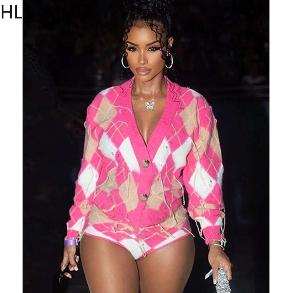 

HLJ Rose Fashion Color Patchwork Knitting Two Piece Sets Women V Neck Button Long Sleeve Coats And Shorts Outfits Autumn Clothes