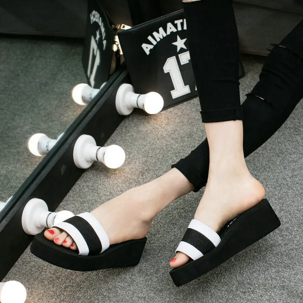 

2022 Summer Shoes Women Wedge Sandals High Heels Platform Open Toe Sandals Striped Mesh Slippers Casual Female Shoes