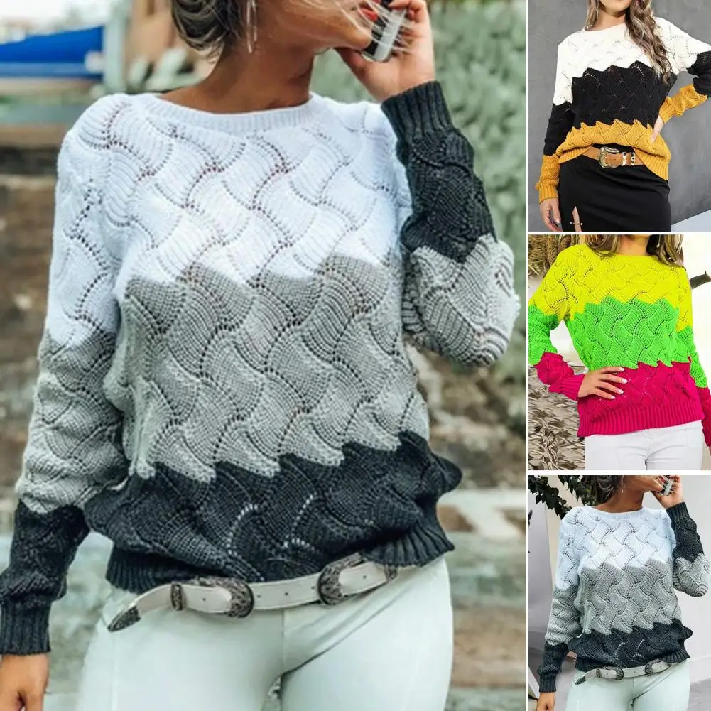 

Hollow Sweater Blouse Ribbed Trim O-Neck Long Sleeve Criss Cross Autumn Winter Striped Patchwork Color Loose Pullover Sweater