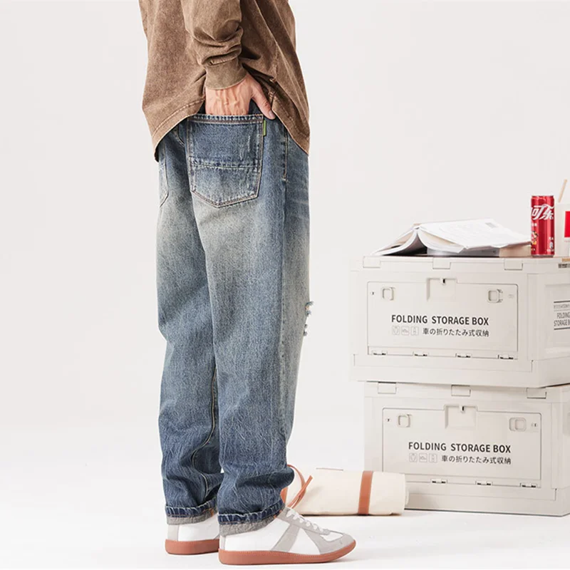 Streetwear Men 2022 New Pattern Vintage Recreational Blue Jeans Loose Broad Straight Cylinder Leg Trousers Autumn Female Trend