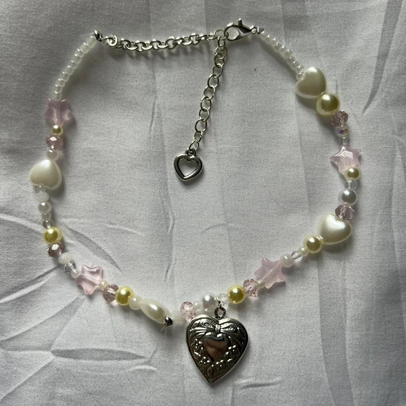 

Silver Photo Box Pendant Star Heart Bead Yellow Green Pearl Necklace Women Jewelry gift