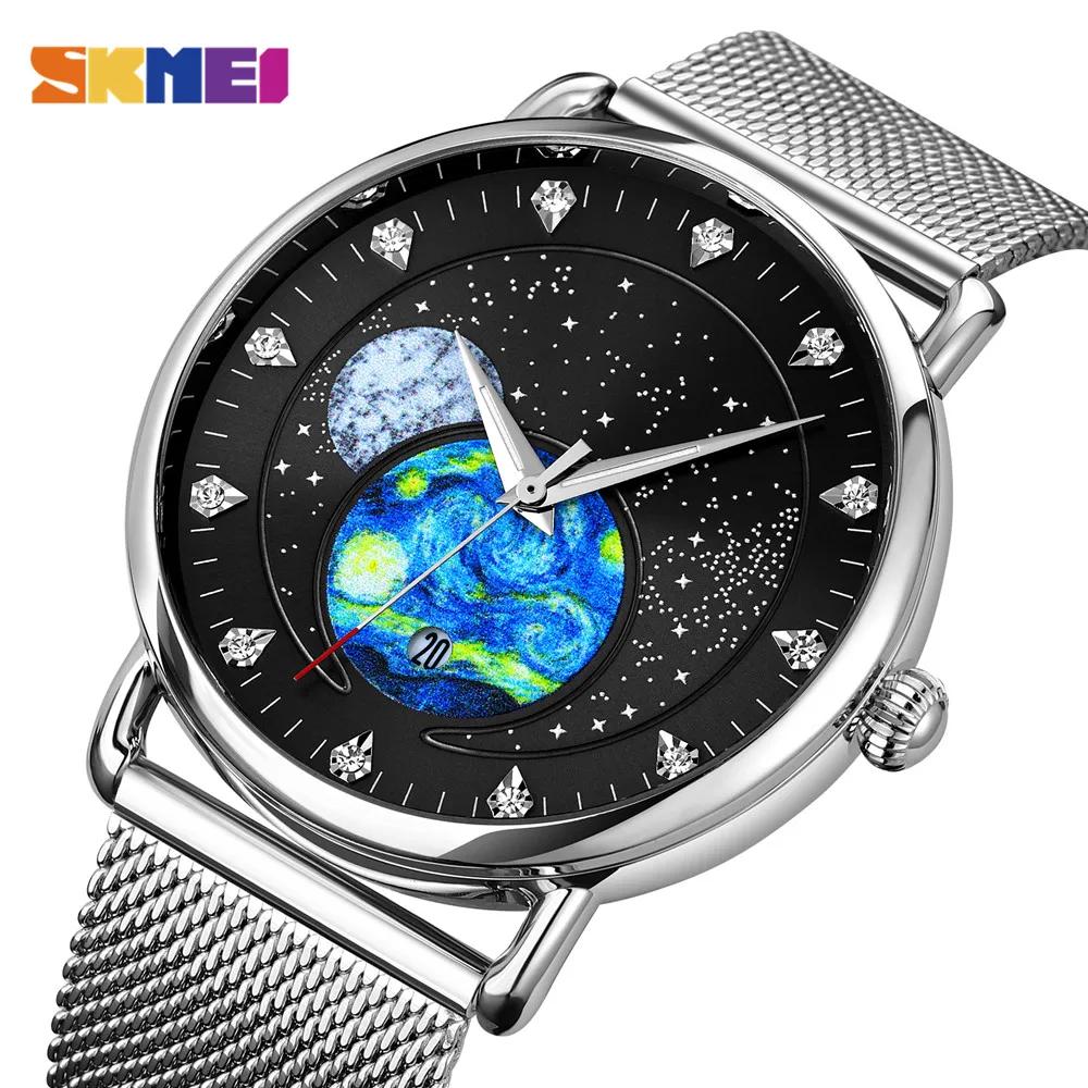 

Van Gogh Pattern Dial Quartz Watch Mens Extremely Versatile Style Stainless Steel Wristwatches With Date SKMEI 9283