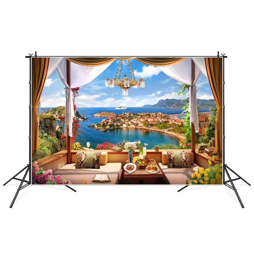 

Seaside Town Balcony Scenic Photography Backdrops Chandelier Curtain Chairs Viewing Platform Party Decoration Photo Backgrounds