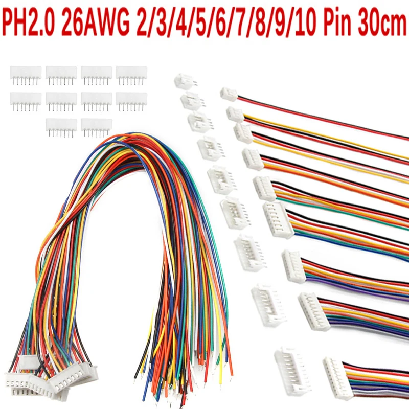 

10Sets JST XH2.54 Wire Cable Connector 30cm Wire Length 26AWG 2/3/4/5/6/7/8/9/10 Pin Pitch Male & Female Plug Socket