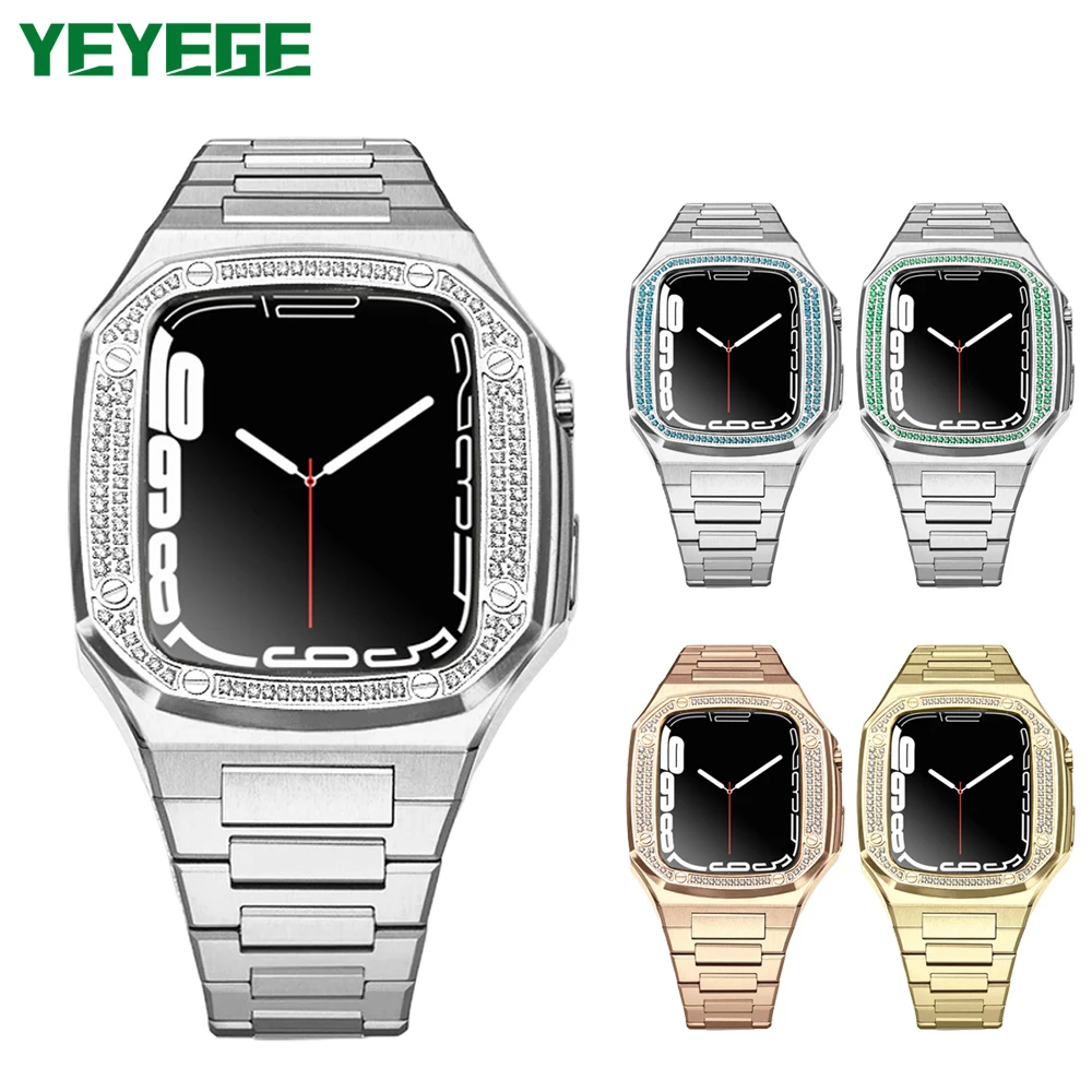 

Luxury Modification Mod Kit for Apple Watch Band Case 8 7 45mm Metal Bezel with Diamond Frame Strap for IWatch 6 5 4 3 SE 44mm