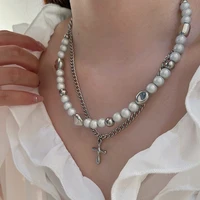 cross stainless steel necklace pearl frosted beaded double layer necklace collarbone chain bracelet personality vintage