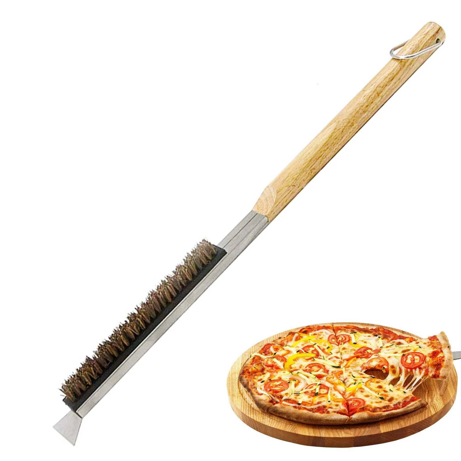 Pizza Oven Stone Brush Coir Bristle Wood Handle Stainless Steel Scraper BBQ Grill Cleaning Oven Small Brush Kitchen Utensils HOT
