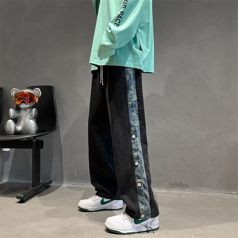 Harajuku Style Wide Leg Jeans Men's Ins Fashion Brand Spring Retro Draping Straight Button Pants Loose Daddy Pants