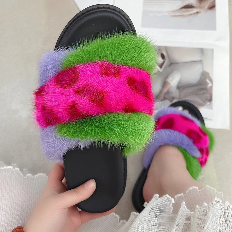 Three Color Women's Fur Slippers Thick Sole Design Mink Fur Slippers New Style Luxury Increase Lace-up Furry Slippers