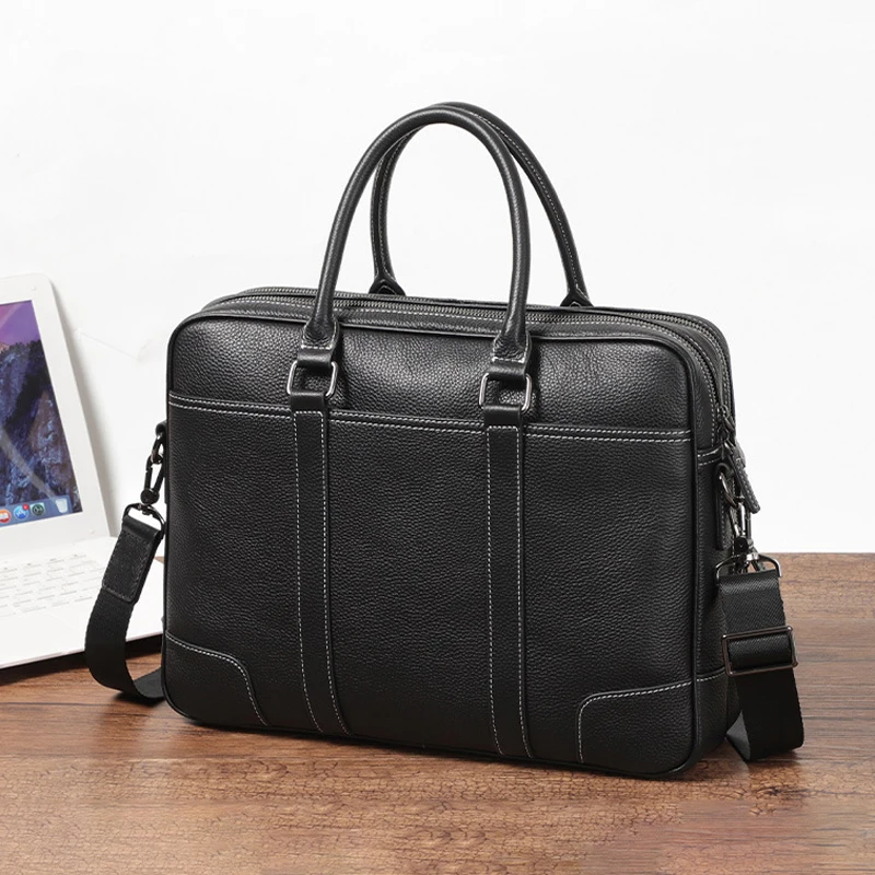 AETOO  Double zipper briefcase leather men's bag 14 "computer bag large capacity men's portable baotou layer cowhide single shou