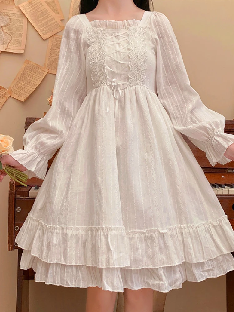 

Spring Sweet Mori Girl Elegant White Lolita Women Dress Square Collar Lace Bandage Princess Dress Preppy Mid Students' Dresses