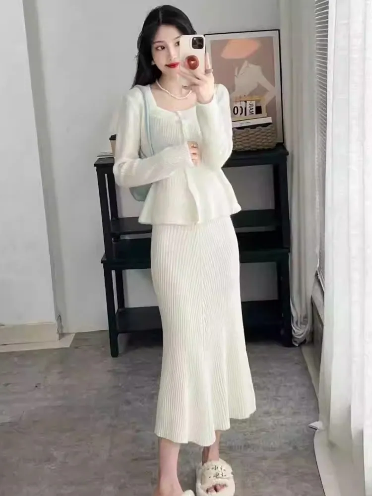 Модный элегантный вязаный костюм женский2024 осенне-зимний свитер с квадратным