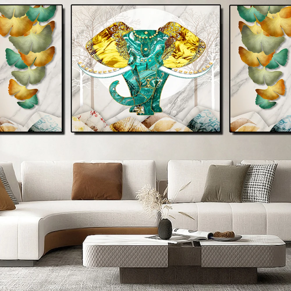 

3 Panels Full Moon Fortune Tree Green Elephant Leave Nordic Luxury Decor Living Room Home Wall Art Print Poster Canvas Paintings