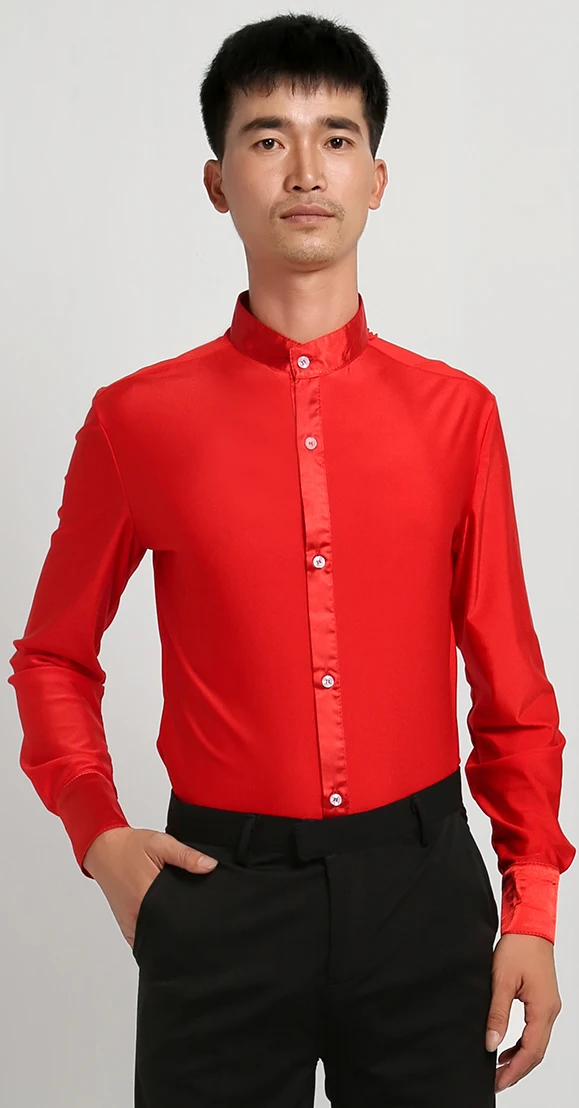 latin dance shirts men 2022 Elasticity Long sleeve mens latin shirts red white black blue latin tops mens