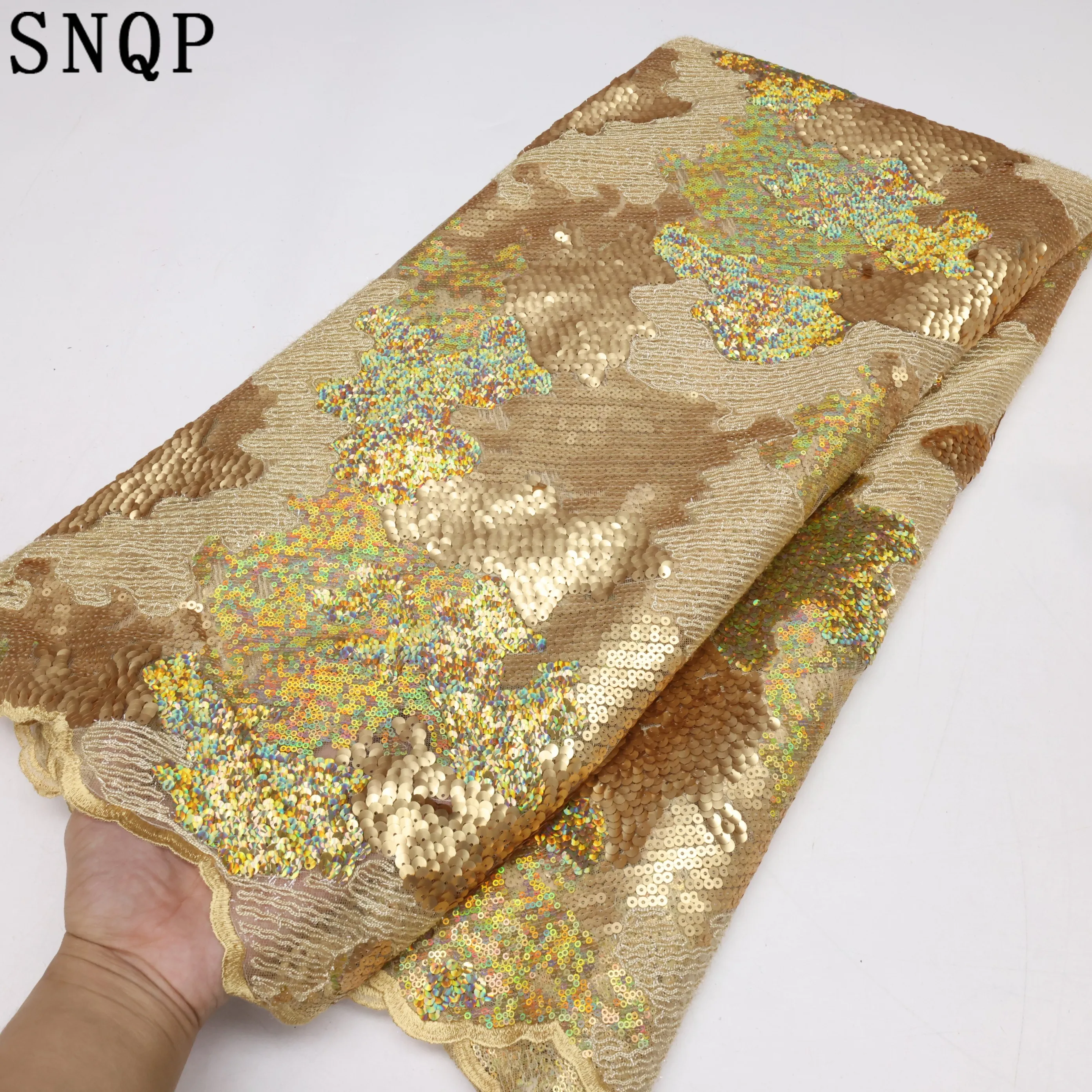 

Luxury Sequence Gold Color African Lace Fabric 5 Yards High Quality Sequin Embroidery Nigerian Wedding Asoebi Lace Material