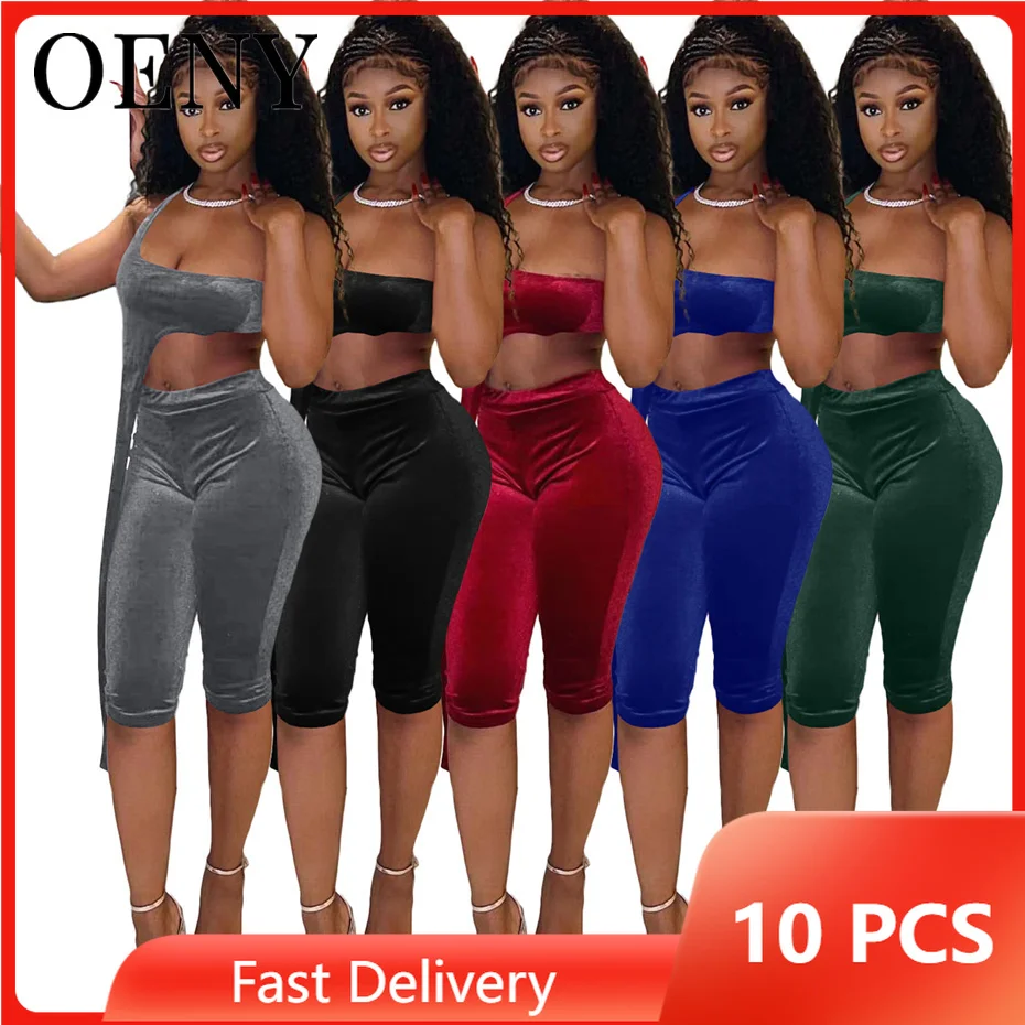 

2022 Summer Korean Velvet Suit Asymmetric Single Shoulder Belt Top Snug Comfortable Medium Shorts Wholesale Bulk Lots O8785
