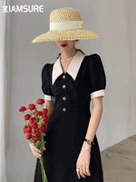 iamsure french style elegant fashion long dress vintage slim turn down collar puff sleeve a line midi dresses for women 2022