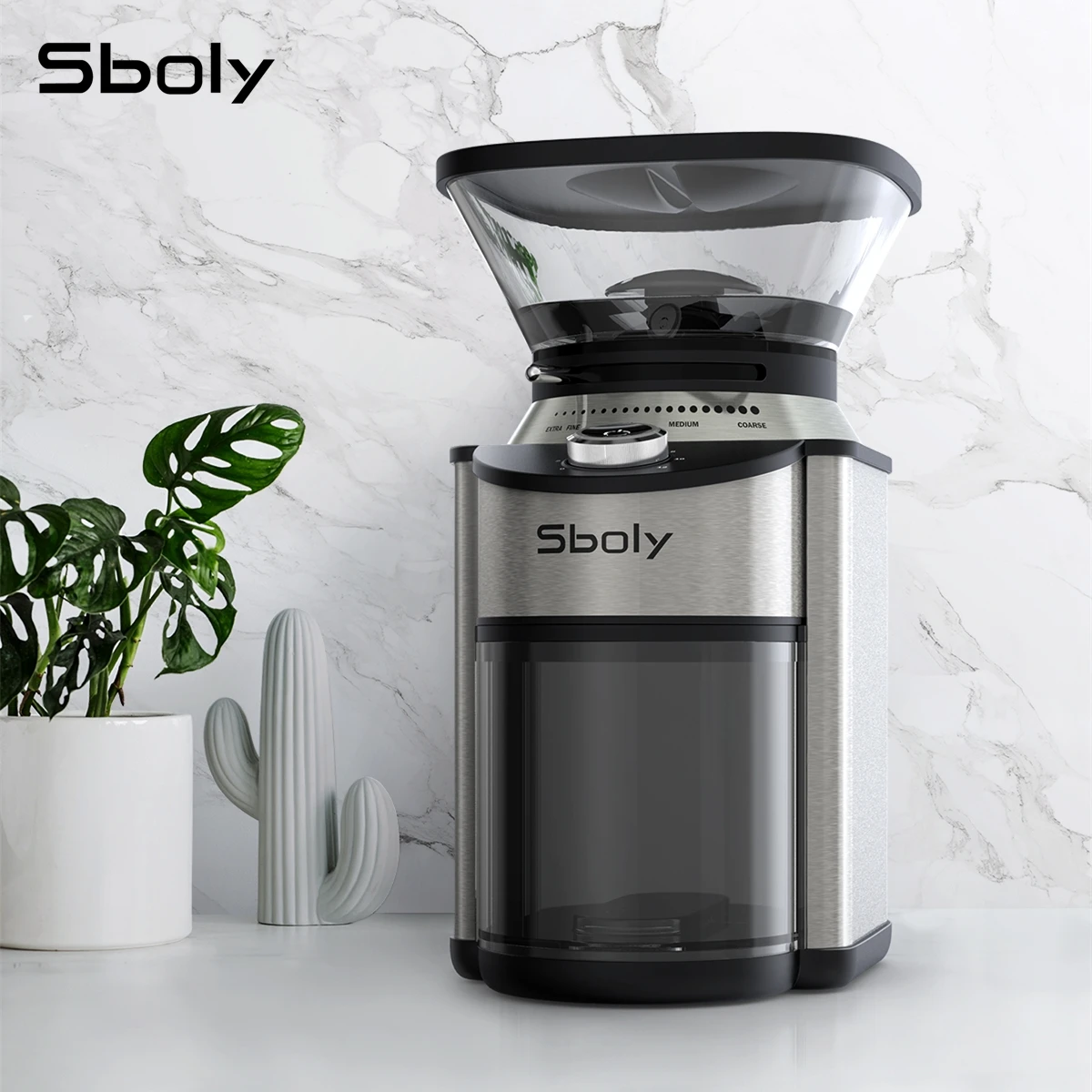 Sboly Coffee Grinder Conical Burr Design Stainless Steel 19 Settings 2-12 Cups Blender Bean Grinder for Espresso included Brush