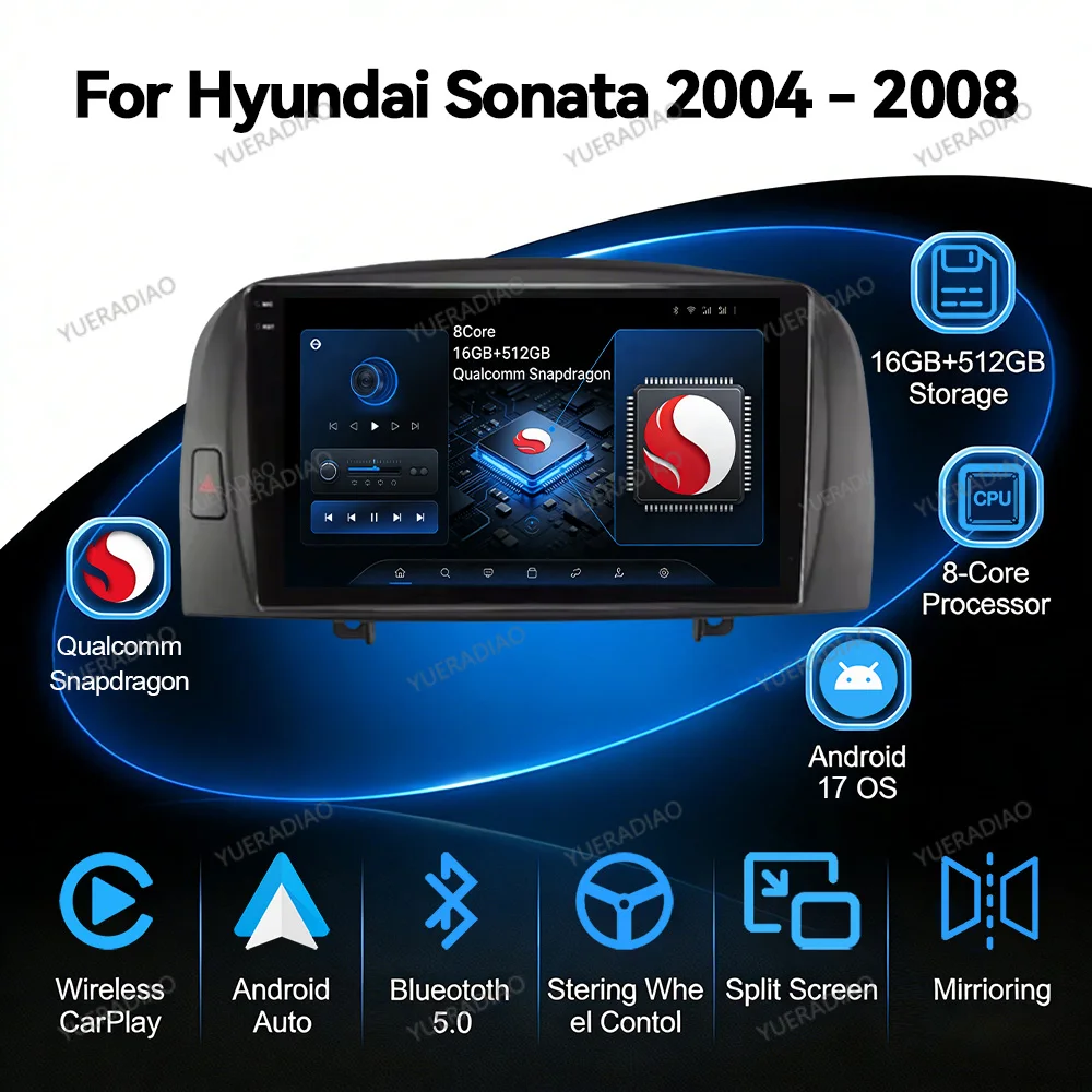 Фото Автомагнитола Android 17 для Hyundai SONATA NF 2004-2008 с GPS-навигацией, Bluetooth, QLED, 4G, Wi-Fi, Qualcomm, 2DIN, LTE, 5G №1