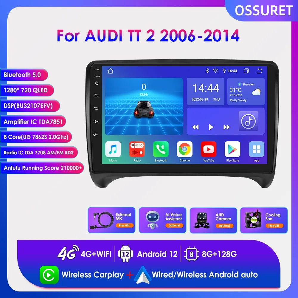 

9'' 2din Carplay Octa Core Car Radio for AUDI TT MK2 8J 2006-2014 Android 12 Multimedia Player GPS Navi BT Stereo RDS 4G DSP IPS