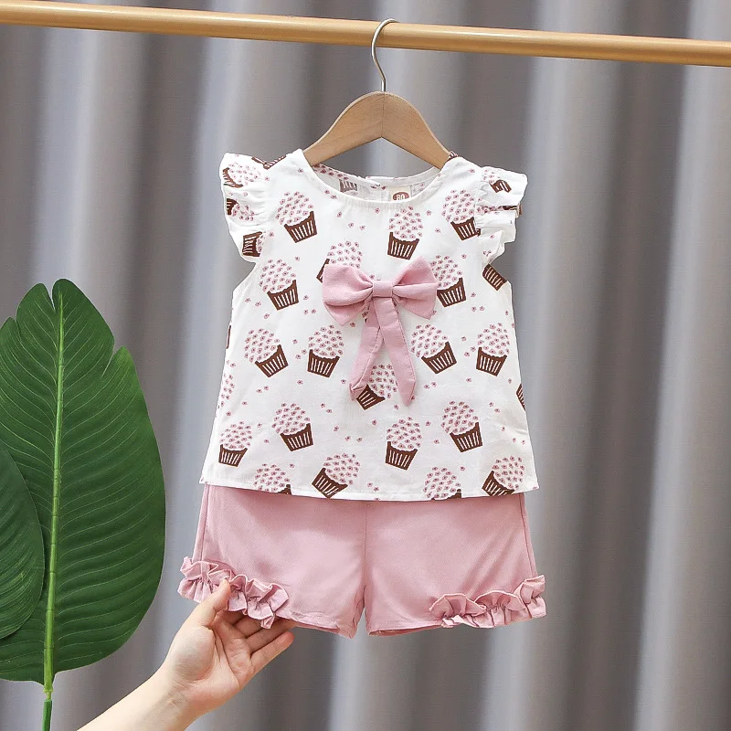 

Summer Cool Girls Clothes Set Popcorn Print Ruffle Sleeve Baby Sport Outfit Bow T-Shirts Pant 2PCS Children Tracksuit Kids A488