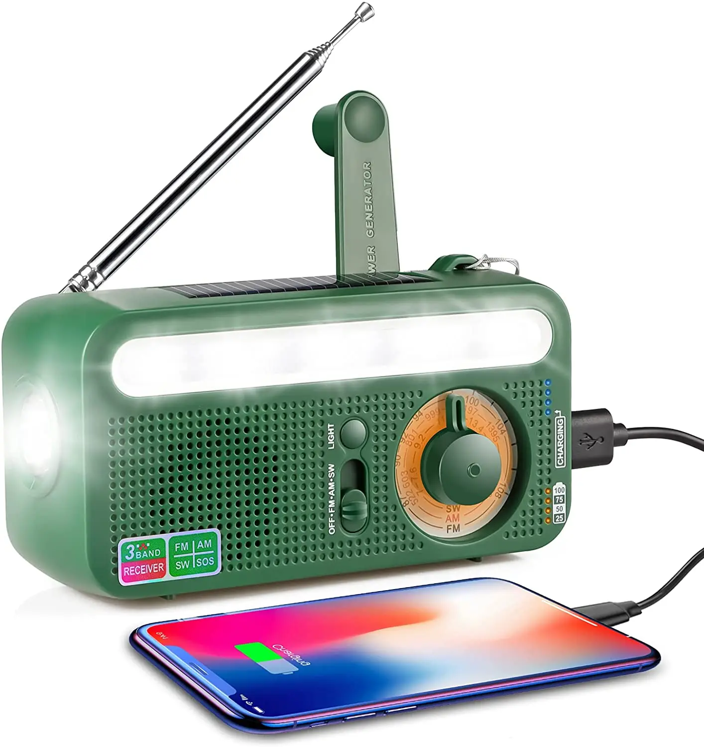 

Solar Emergency Rechargeable Hand Crank Radio AM/FM/SW Radio SOS Alarm Support Power Bank 2000mAh With Flashlight Reading Lamp