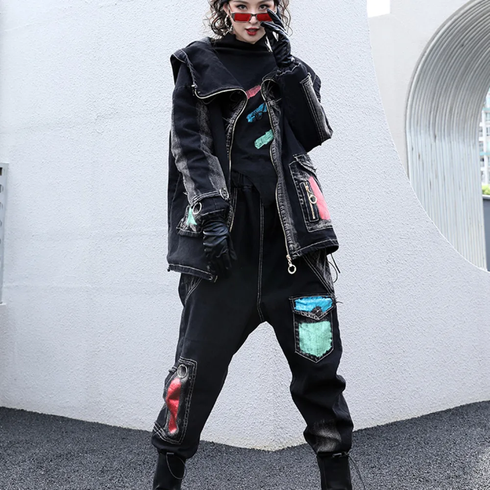 

#3034 Black Denim Jackets And Jeans For Women Streetwear Winter Loose Cotton Jacket Ladies Hooded Pocket High Waist Cross-pants