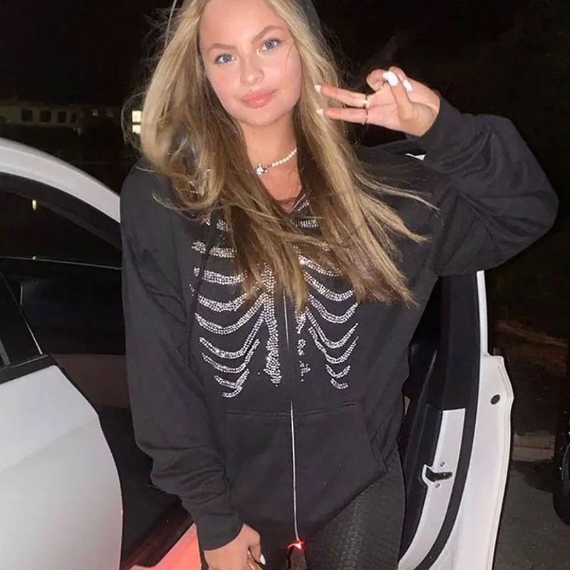 

Skeleton Oversized Full Zip Up Over Face Hoodies Women 2022 Casual Vintage Pocket Cotton Loose Sweatshirts Zipper Letter Y2k