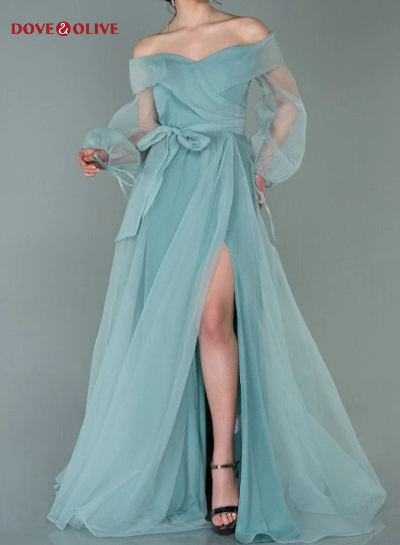 

Mint Bridesmaid Dresses Off Shoulder Long Sleeve Maxi Plus Size Front Slit with Sash Long Elegant Evening Tulle PromGown