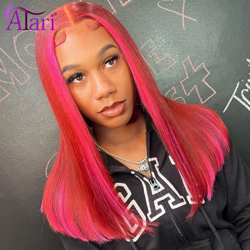 

Highlight Pink with Red 13x4 Lace Frontal Wig Straight Human Hair Wigs 5x5 Transparent Lace Closure Wig Pre Plucked for Woman