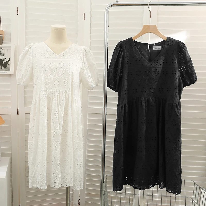 

2022 Summer Dress New Hollow Perspective Loose And Thin Dress Female V-neck Puff Sleeves Solid Color Simple A-line Short Skirt