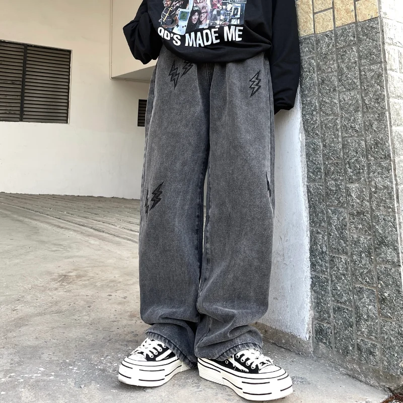 American Vibe Wind Lightning Pattern Leather Jeans Men's Trend Hip-hop Retro Slacks Fashion Street Men Ins Selling Y2k Men Jeans