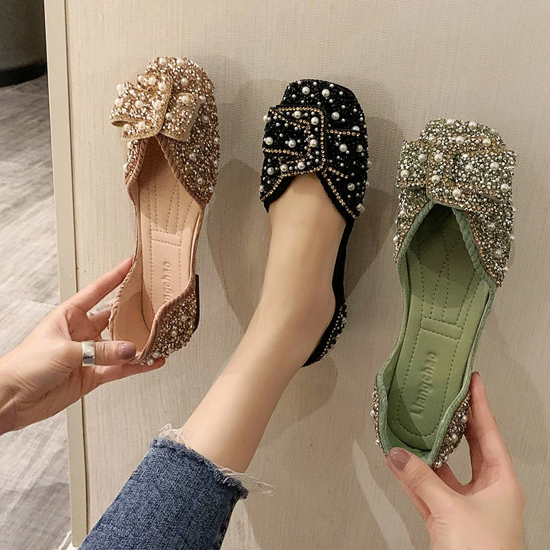 

Women Spring Summer Rhinestone Female Flat Shoes Female Korean Version Bow Tie Squared Toe Bow Tie Women's Single Shoes 2023