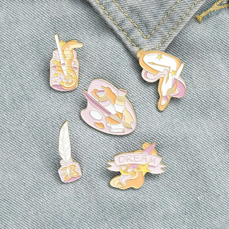 

10 PCS / LOT Artist Dream Enamel Pins Custom Brush Palette Paint Clock Badges for Shirt Coat Lapel Pin Brooches Jewelry