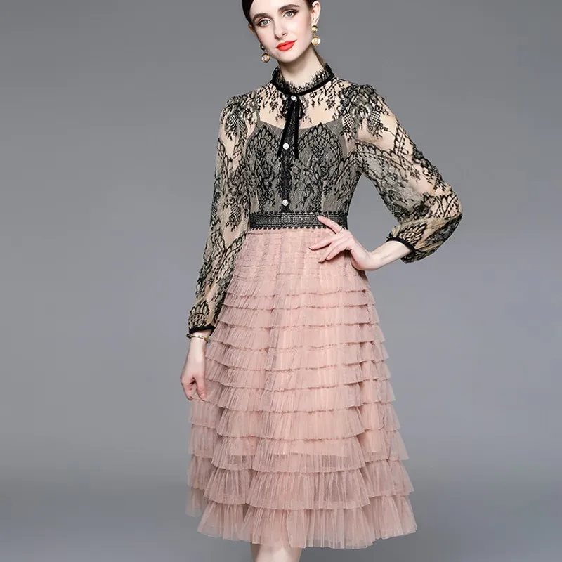 

Runway High Quality Luxury Female Women's Clothing French Mesh Patchwork Lace Cake Slim Waist Elegant Dress Vestido