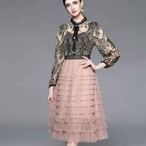 Runway High Quality Luxury Female Women's Clothing French Mesh Patchwork Lace Cake Slim Waist Elegant Dress Vestido
