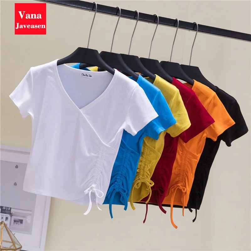 

Side Drawstring Tight-Fitting Short-Sleeved Off White Navel Design T-Shirt Women's Clothes V-Neck Cotton High-Waisted Y2k Tops