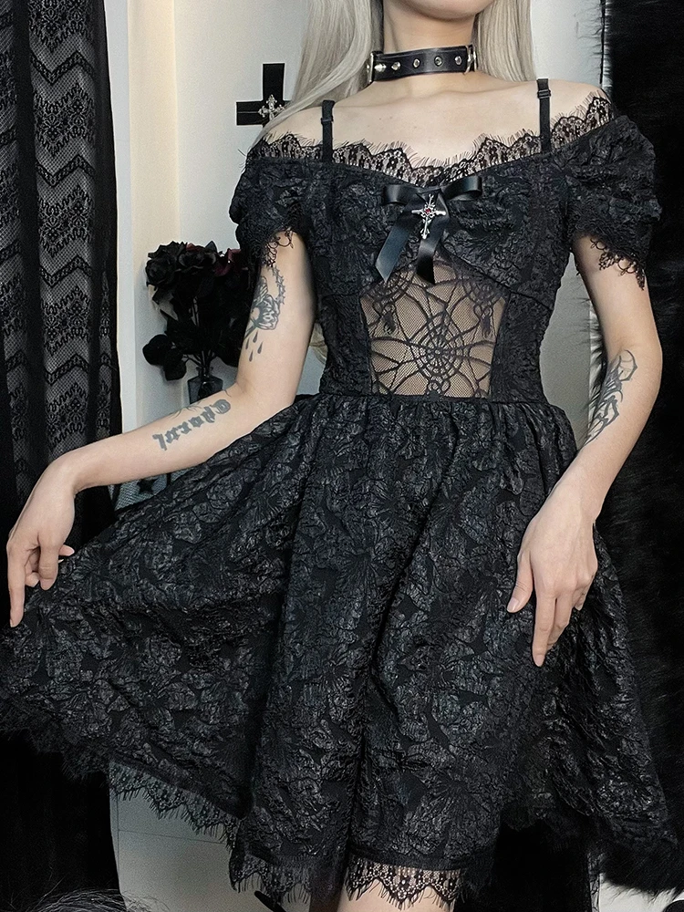 

Женское кружевное платье Goth Y2K, прозрачное жаккардовое платье на бретелях с открытыми плечами и изображением паутины