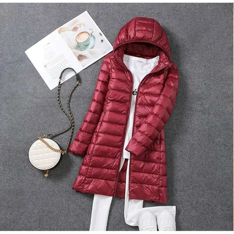 Women Down Jacket 2023 New Ultralight Thin Packable Down Long Jacket  Female Hat Detachable Slim Fit Skirt Coat Portable Outwear