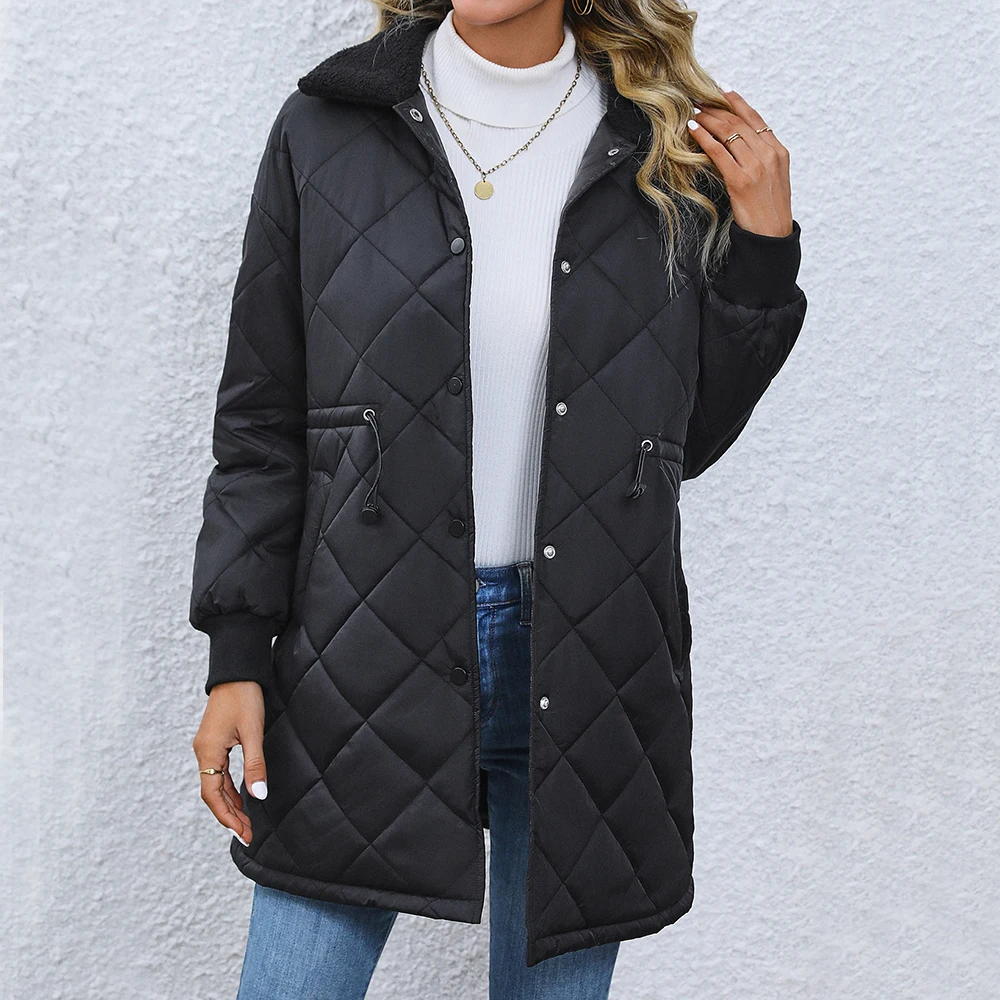 

Модная черная парка с отложным воротником 2023 Женское пальто с хлопковой подкладкой осень-зима однобортные туники с карманами Длинные куртки