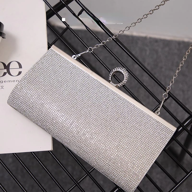 ROENICK Women Diamond Beaded Evening Bags Banquet Chain Shoulder Messenger Wallet Silver Party Cocktail Wedding Mini Minaudiere