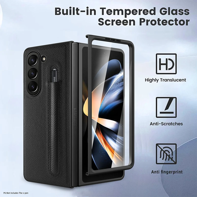 

For Galaxy Z Fold 5 Case Shockproof PU Leather + PC Slim Cover With Pen Slot Built-in Front Tempered Glass For Galaxy Z Fold5