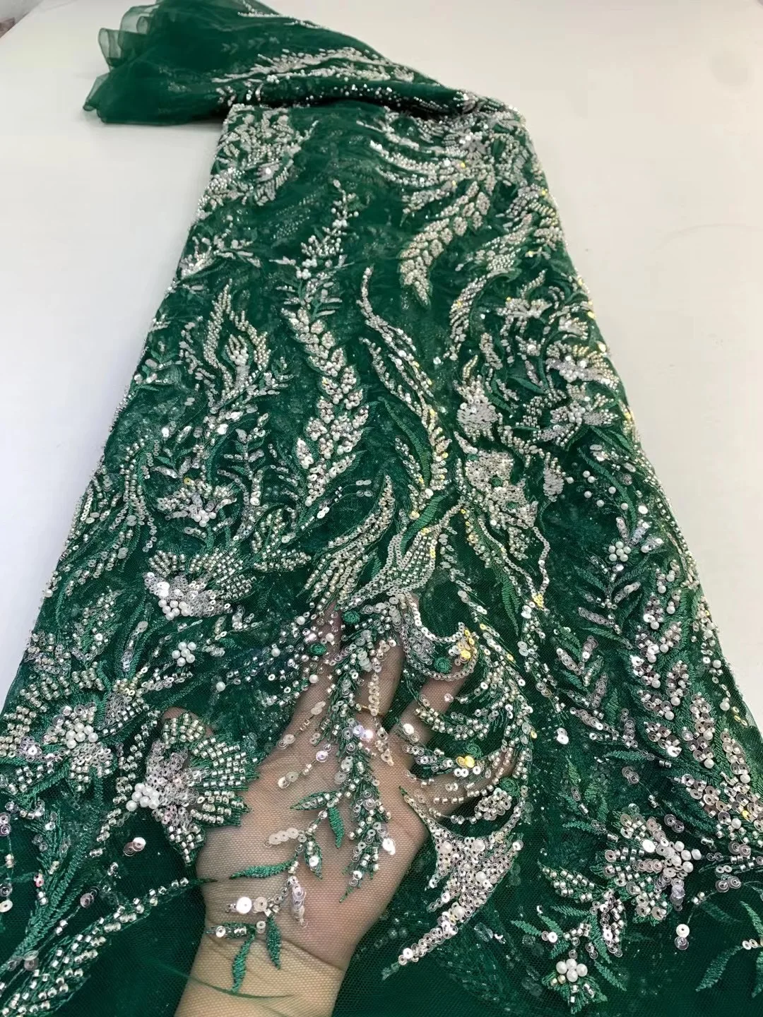 

Green Beaded Embroiderey Lace African Cord Lace With Sequins High Quality 2022 Handcut Lace Nigerian Lace Fabric For Wedding Sew