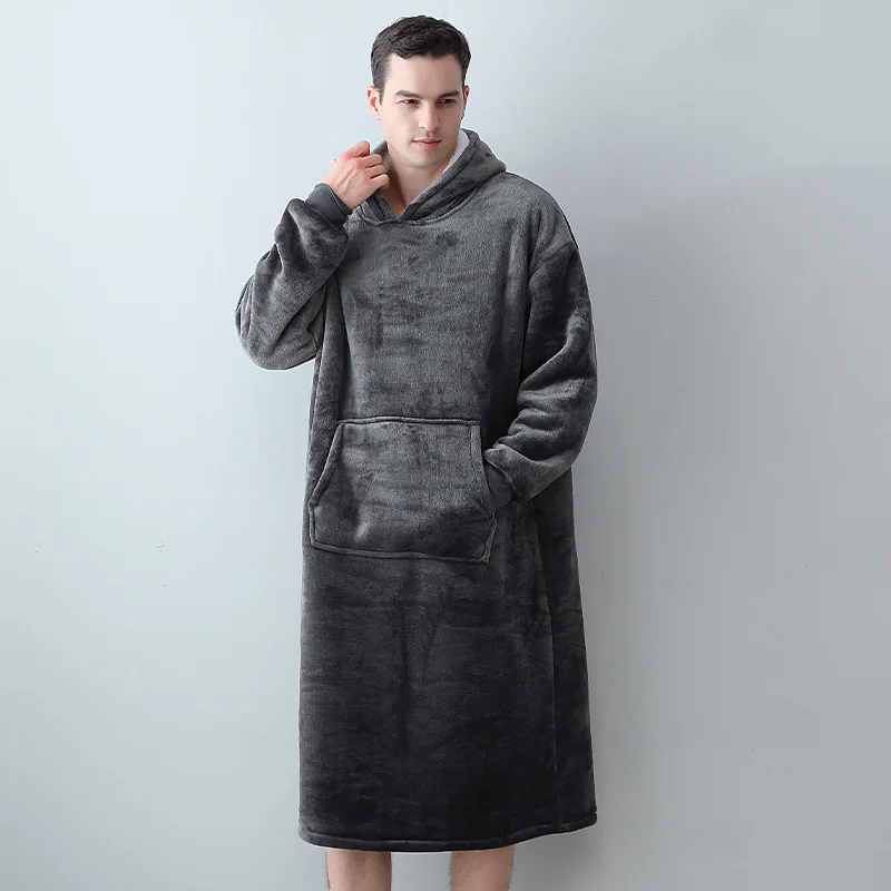 Mens Nightshirt Multi-functions Thickened Winter Warm TV Hooded Blankets Coral Fleece Robes Large Pocket Warm Men Sleepwear