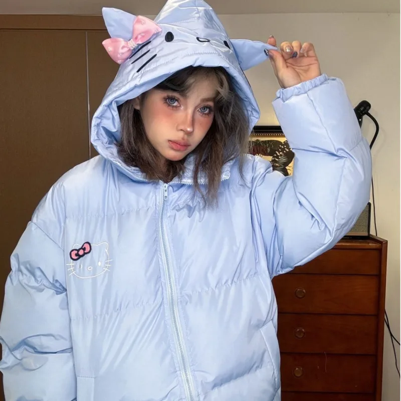 Американский пуховик с капюшоном и милой мультяшной вышивкой Hello Kitty Y2k милая