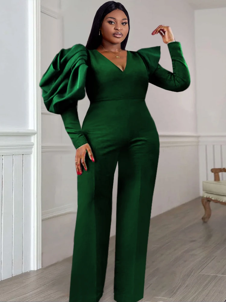 Big Size Green Jumpsuit Women High Waist V Neck Ruffle Romper Puff Sleeve Stylish Patchwork Elegant Party Classy Christmas Fall